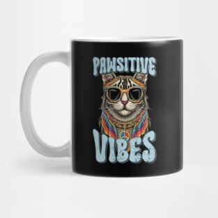 Pawsitive Vibes, Retro Groovy Style Hippie Cat Lover Design Mug